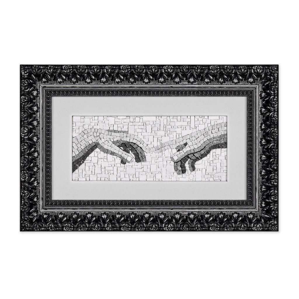 Mosaic Inspired by Michelangelo's The Creation of Adam in Black and White