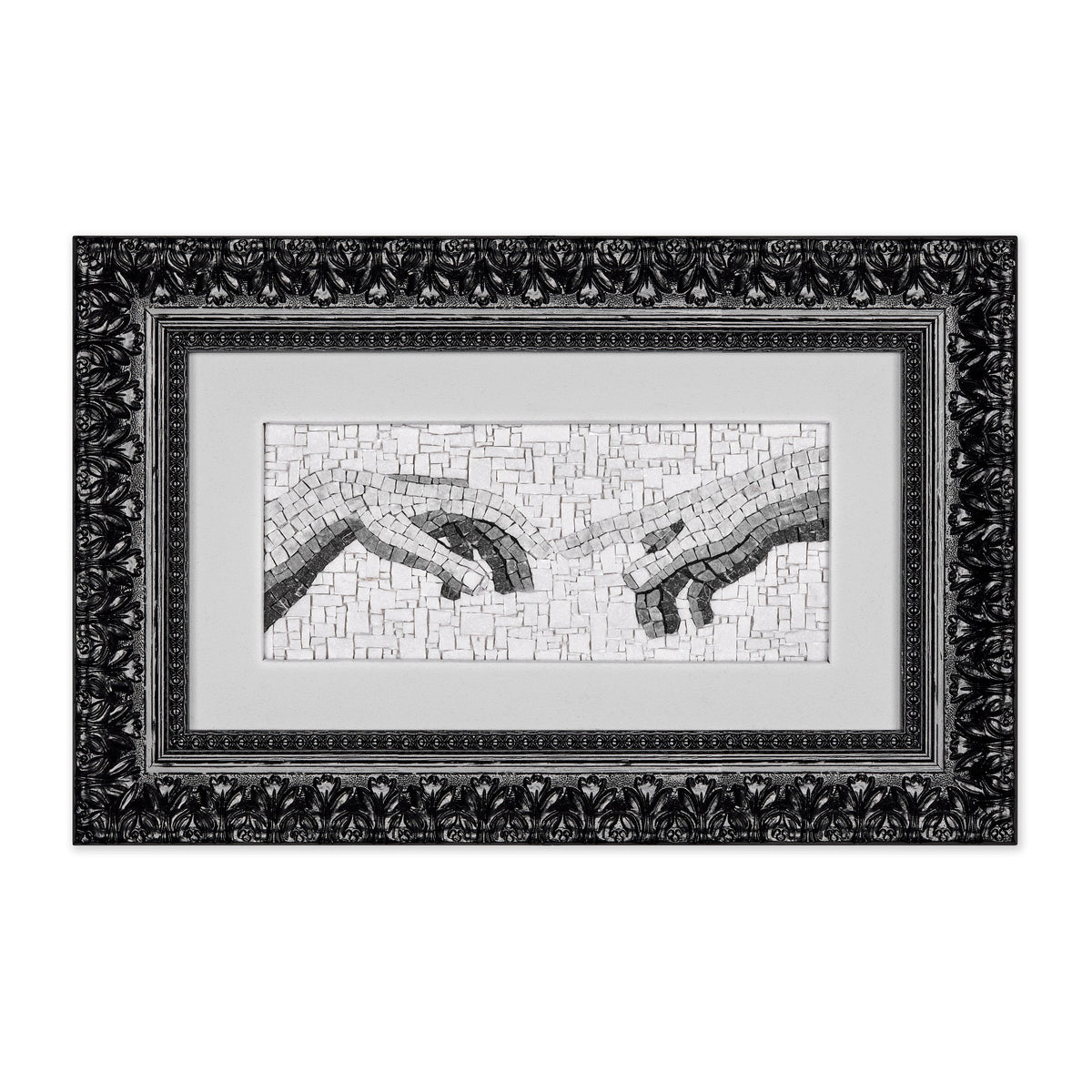Mosaic Inspired by Michelangelo's The Creation of Adam in Black and White